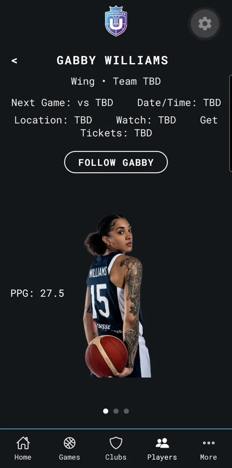 Player profile screen from the mobile app, with the player's photo, a points-per-game stat and a bottom tab bar.